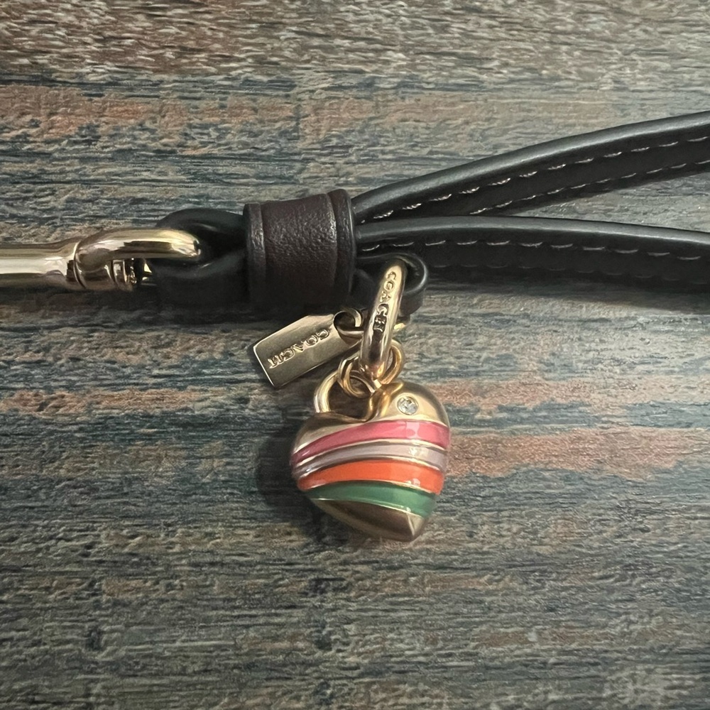 Coach Striped Heart Keychain with Pink, Orange, and Green